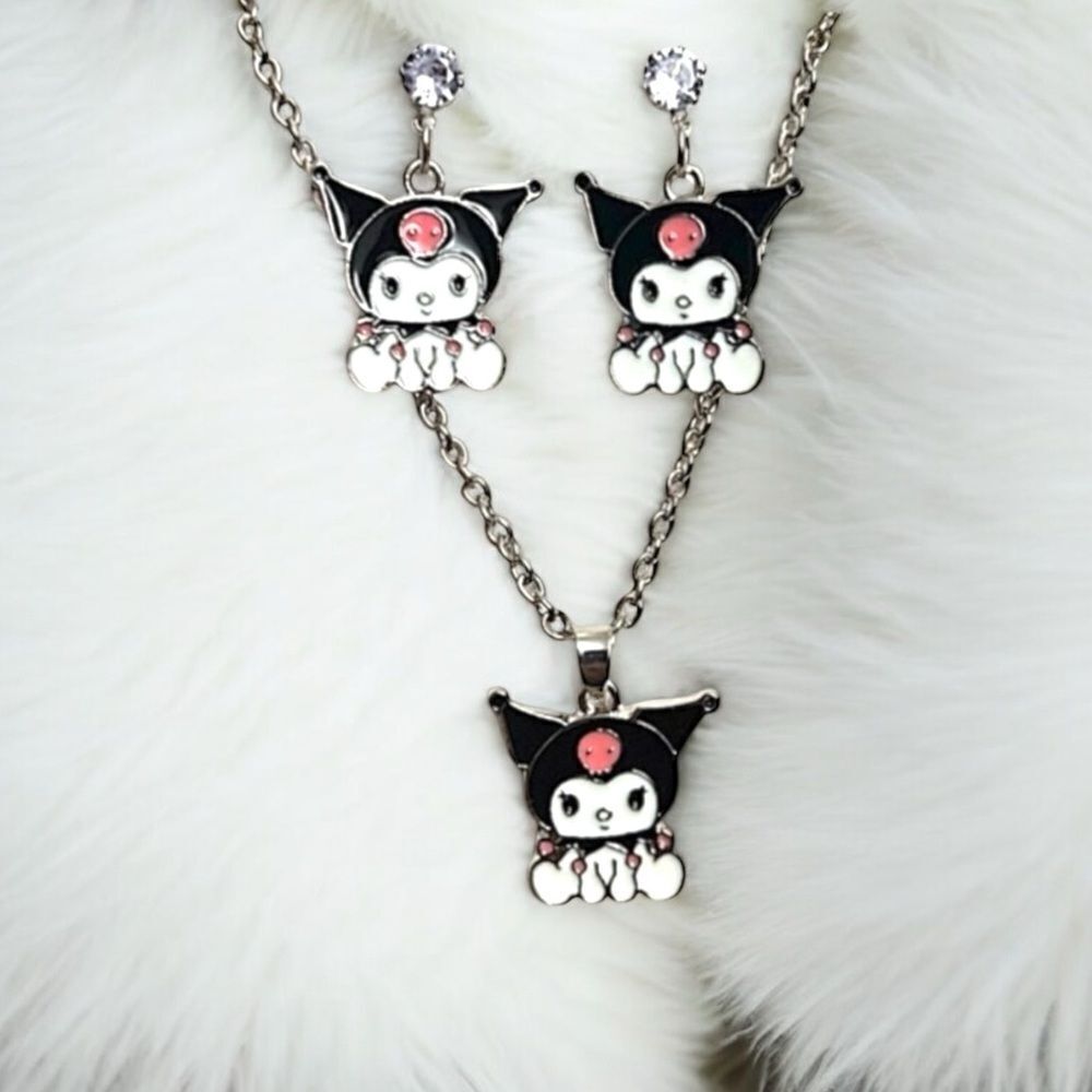 Kuromi Silver Tone Necklace And Earrings Set